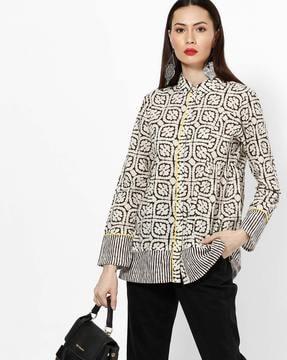 printed shirt tunic with striped hems