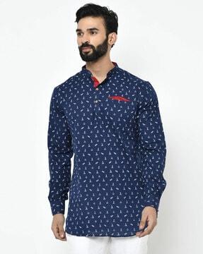 printed short kurta with mandarin collar