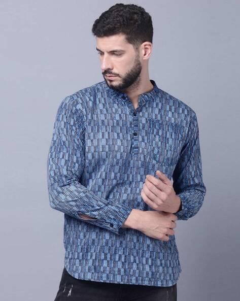 printed short kurta with mandarin collar