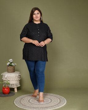 printed short kurta with mandarin collar