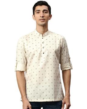 printed short kurta with mandarin collar