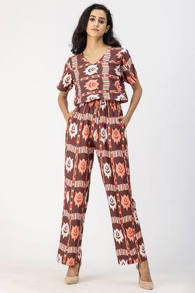 printed short sleeves rayon women's full length jumpsuit - coral