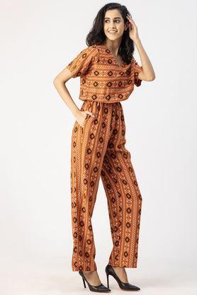 printed short sleeves rayon women's full length jumpsuit - orange