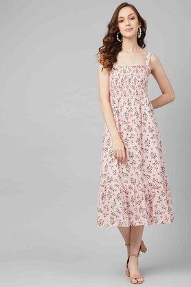 printed shoulder straps viscose rayon womens casual dress - pink