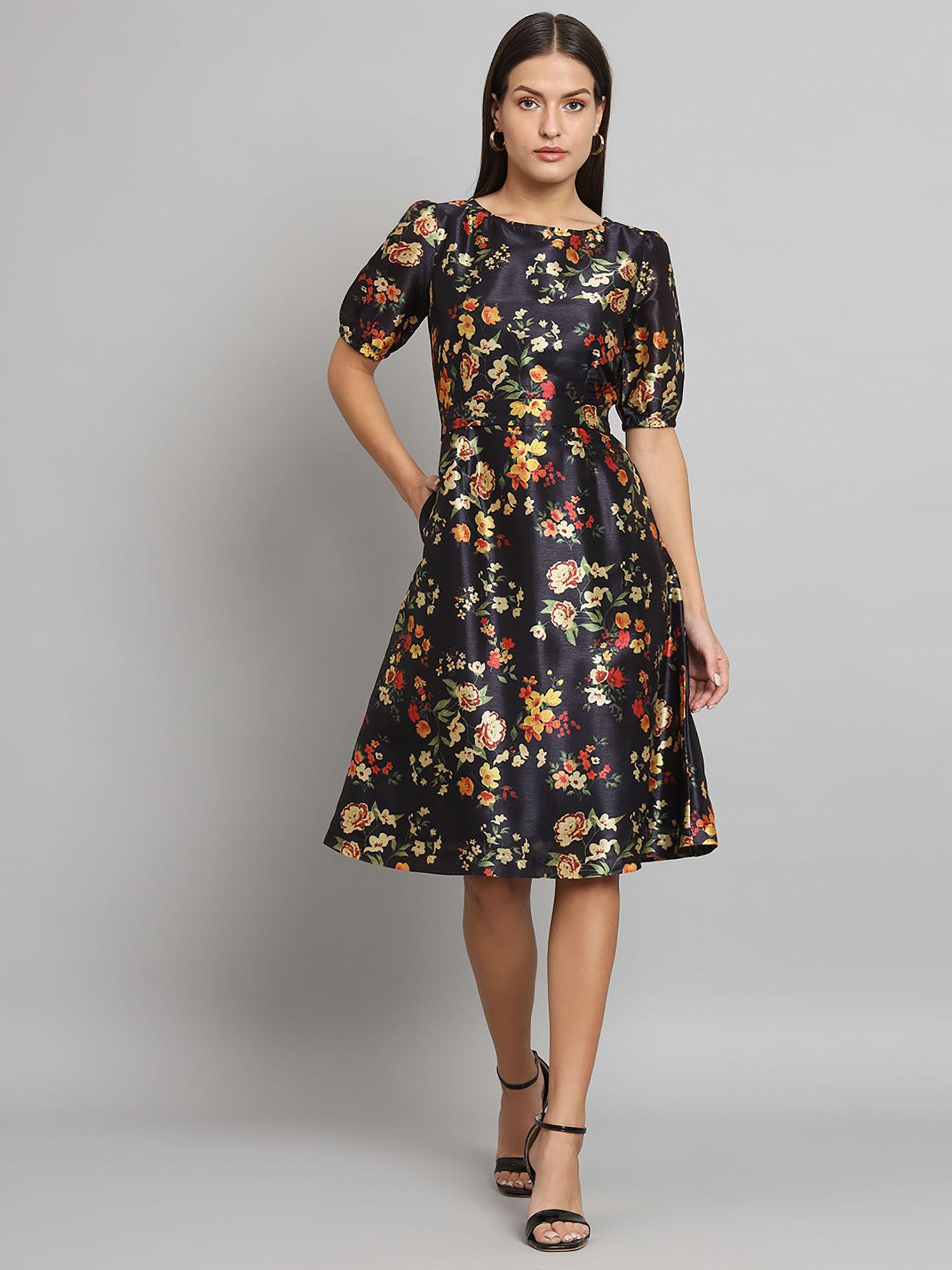 printed silk a-line dress- black