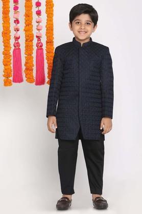 printed silk blend mandarin boys indo western set - navy