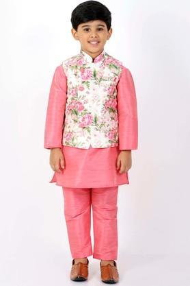 printed silk blend mandarin boys jacket kurta and pyjama set - pink