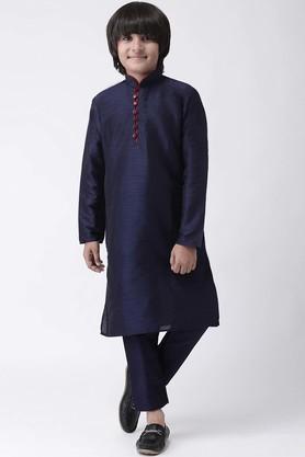 printed silk blend regular fit boys kurta pyjama set - navy