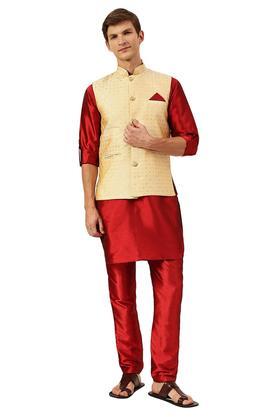 printed silk blend regular fit men's kurta - maroon