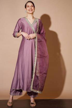 printed silk blend regular fit women's kurta palazzo dupatta set - mauve