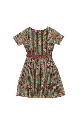 printed silk blend round neck girls casual wear dress - green