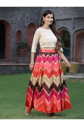 printed silk boat neck women's lehenga choli set - coral