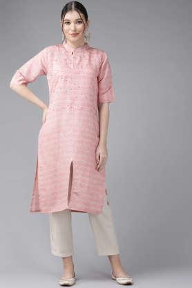 printed silk collared women's casual wear kurti - pink