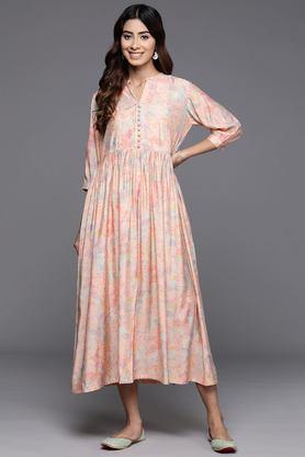 printed silk collared women's ethnic dress - peach