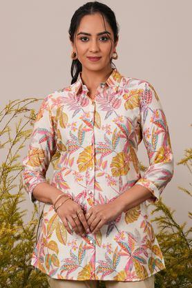 printed silk collared women's fusion wear kurti - cream