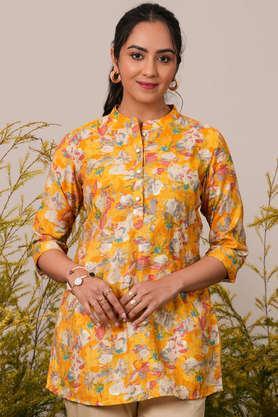 printed silk collared women's fusion wear kurti - yellow