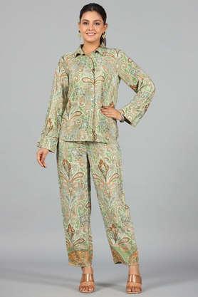 printed silk collared women's top & pant set - green