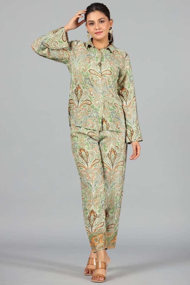 printed silk collared womens top _ pant set