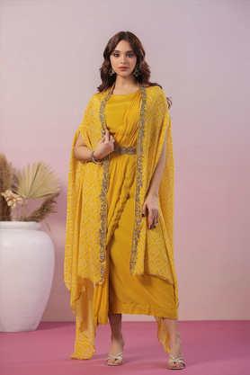 printed silk festive wear women's saree - mustard