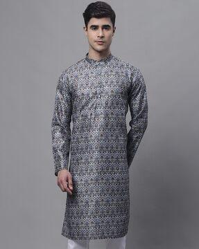 printed silk long kurta within insert pockets