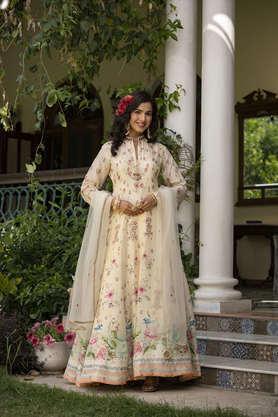 printed silk mandarin women's anarkali gown with net embroidered dupatta - off white