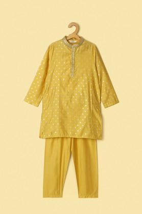 printed silk regular fit boys kurta pyjama jacket set - mustard