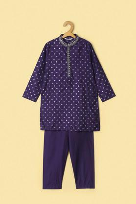 printed silk regular fit boys kurta pyjama jacket set - purple