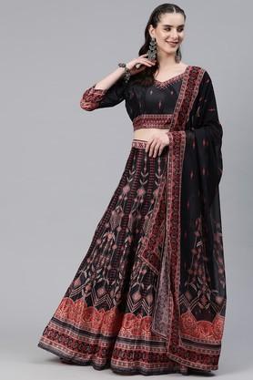 printed silk regular fit women's lehenga choli set - black