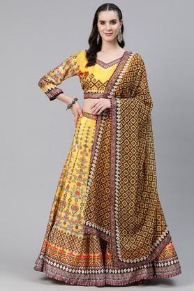 printed silk regular fit women's lehenga choli set - yellow