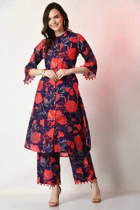 printed silk relaxed fit women's kurta set - navy