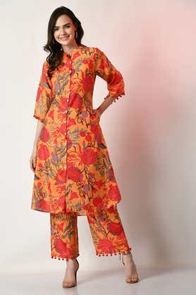 printed silk relaxed fit women's kurta set - yellow
