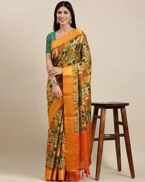 printed silk saree with tassels