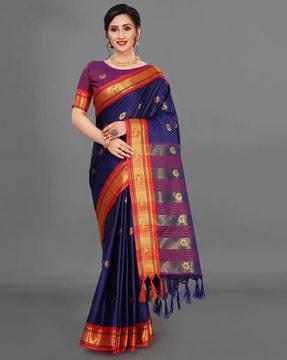 printed silk saree with tassels