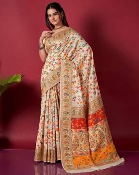 printed silk saree with zardozi work