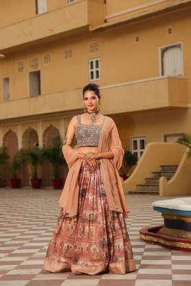 printed silk scoop neck women's lehenga choli set - brown