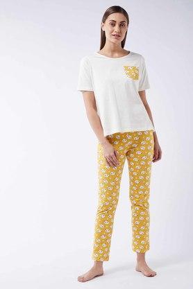 printed single jersey relaxed fit womens pyjamas - mustard