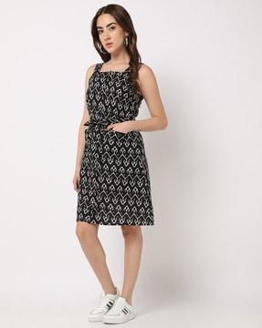 printed skater dress with waist tie-up