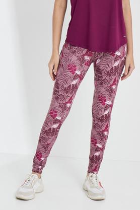 printed skinny fit polyester blend womens active wear track pants - aubergine