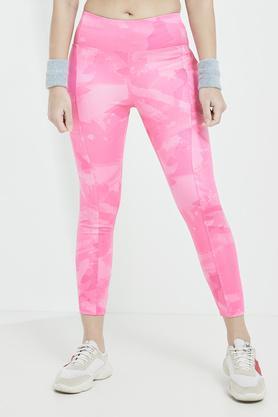 printed skinny fit polyester stretch womens active wear track pants - pink