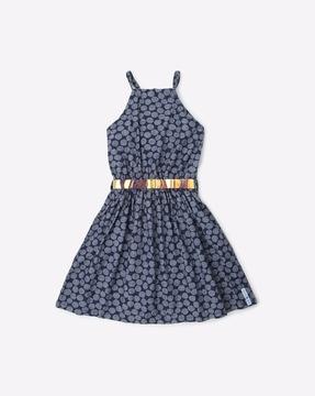 printed sleeveless a-line dress with belt