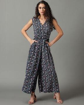 printed sleeveless jumpsuit with insert pockets