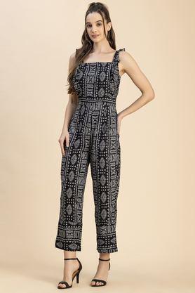 printed sleeveless rayon women's full length jumpsuit - black