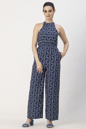 printed sleeveless rayon women's full length jumpsuit - blue