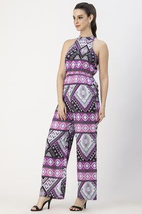 printed sleeveless rayon women's full length jumpsuit - purple