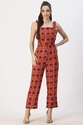 printed sleeveless rayon women's full length jumpsuit - red