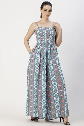 printed sleeveless rayon women's full length jumpsuit - turquoise