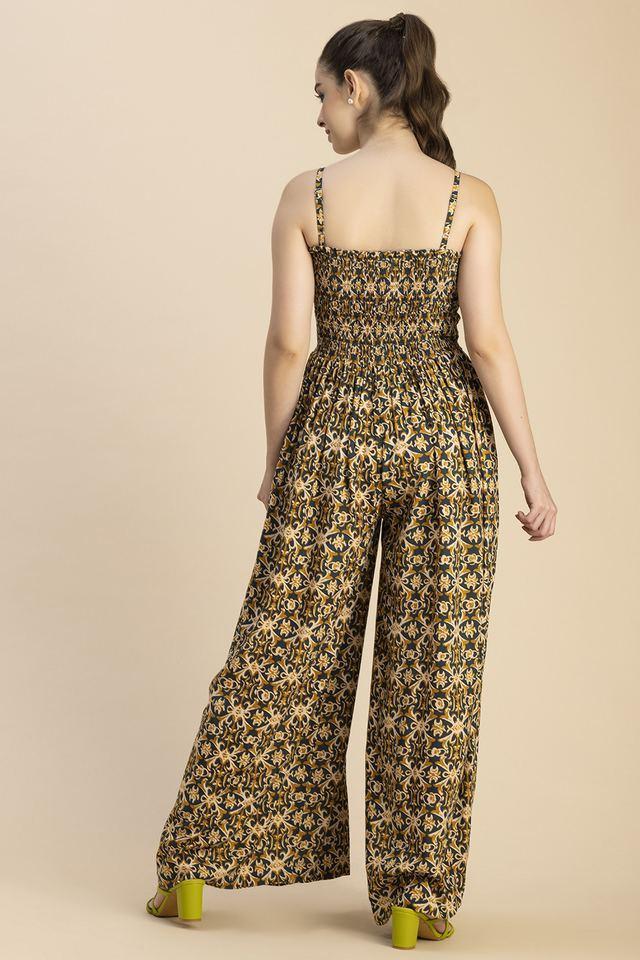 printed sleeveless rayon womens full length jumpsuit