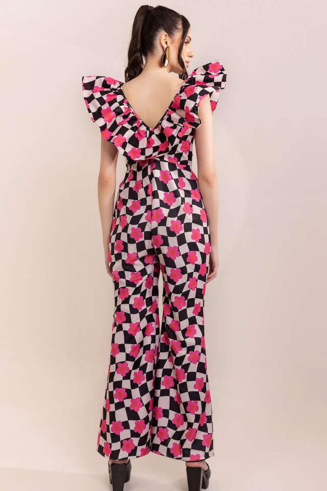 printed sleeveless rayon womens full length jumpsuit