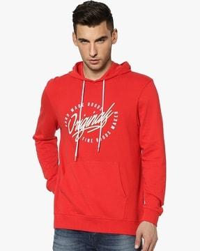 printed slim fit hoodie with kangaroo pockets