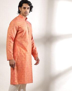 printed slim fit kurta with mandarin collar